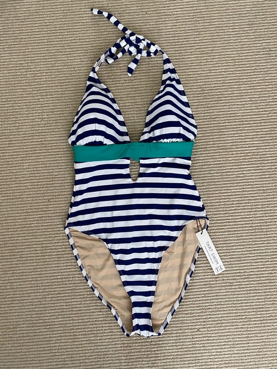 Tart Other - NWT Tart One-Piece Swimsuit Navy & White Stripe w/ Teal Band Nautical Coastal XS